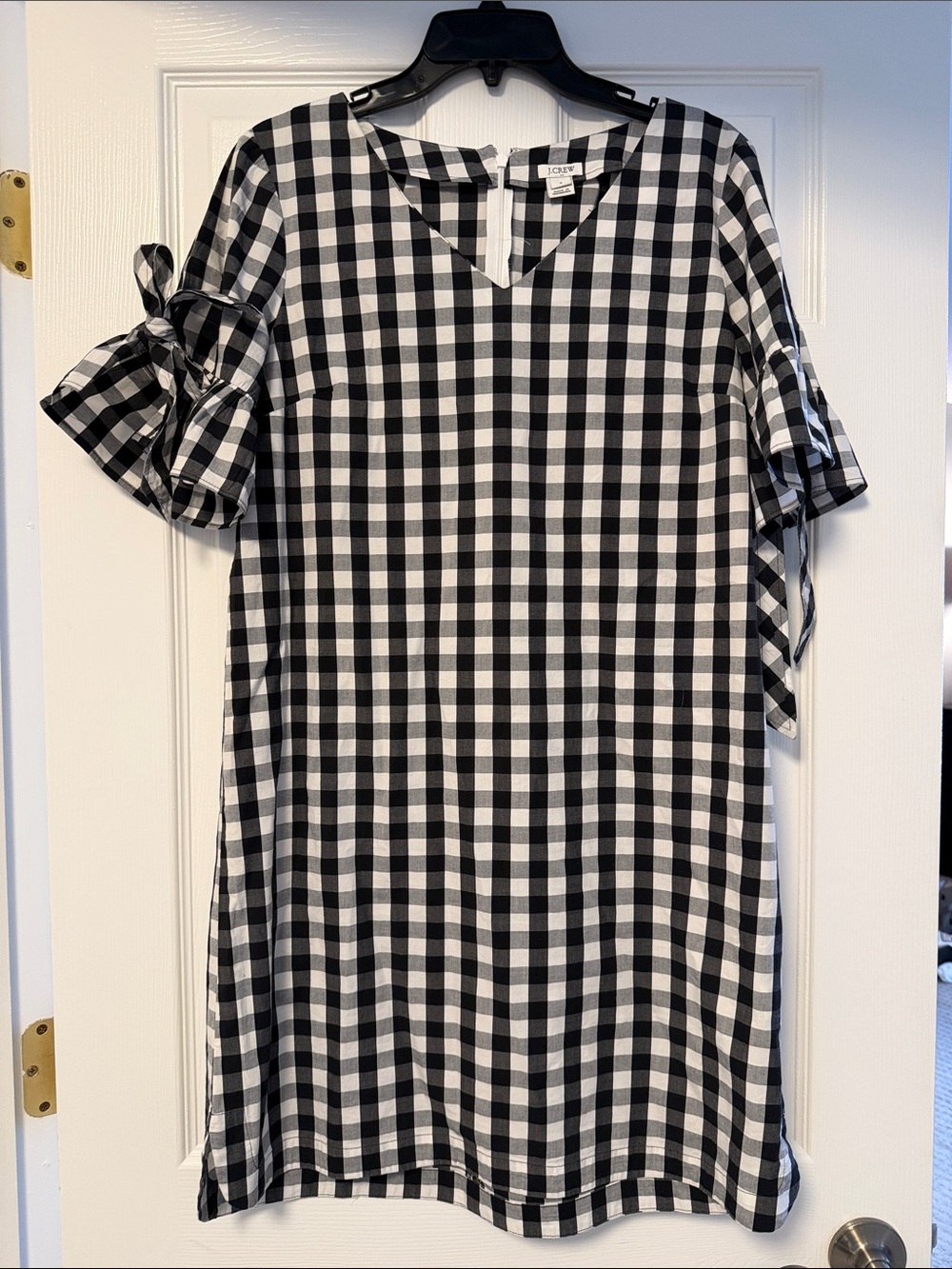 J. Crew Black and White Gingham Tie-Sleeve Dress